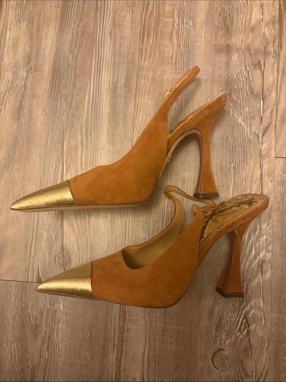 Sam Edelman Brown Suede Pointed-Toe Slingback Heels with Metallic Cap